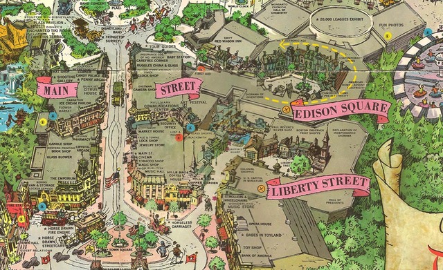 Ausschnitt einer Karte von Disneyland mit Edison Square und Liberty Street rechts von der Main Street