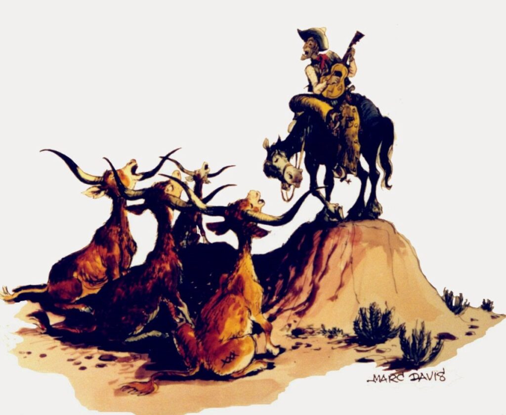 Sketch-Zeichnung eines singenden Cowboys mit seinen Kühen von Marc Davis für Western River Expedition