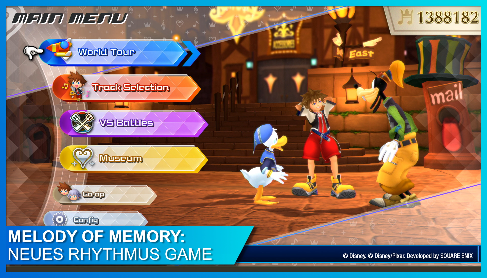 Hauptmenü mit Sora, Donald und Goofy in KINGDOM HEARTS Melody of Memory