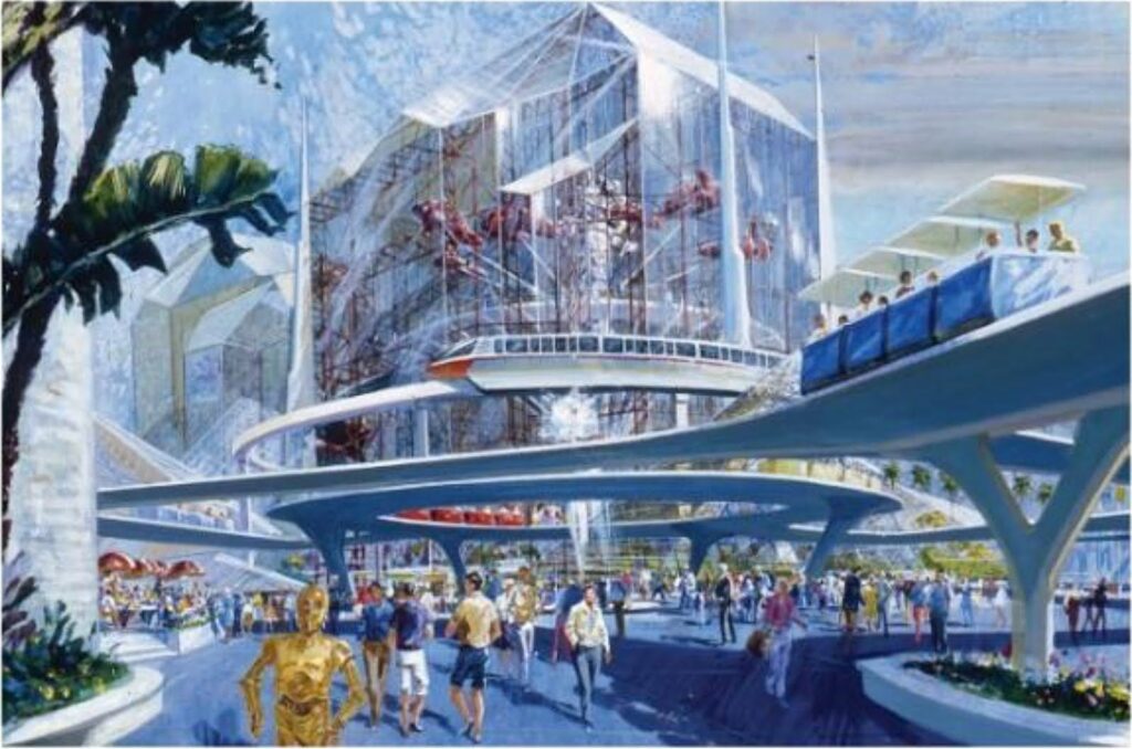 Star Tours: die erste Star Wars Attraktion 4 Disneylands Tomorrowland mit C3-PO und einer riesigen, kristallinen Struktur im Hintergrund für den nie gebauten LucasPort