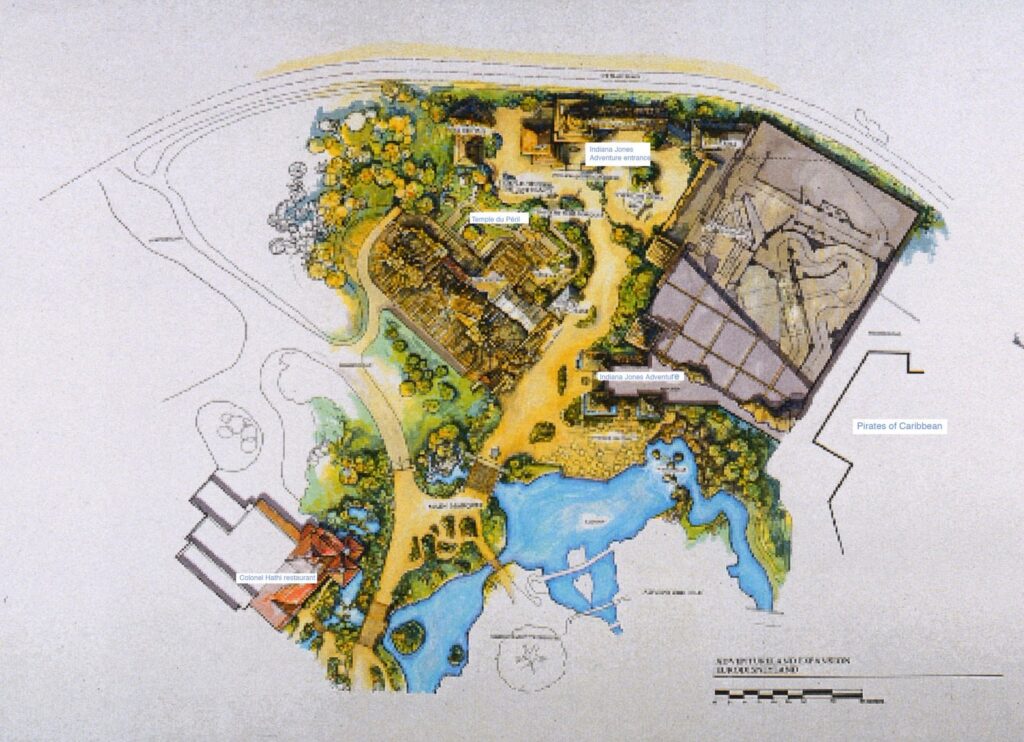 Überblick über Adventureland mit einer Skizze für den Indiana Jones Adventure Ride