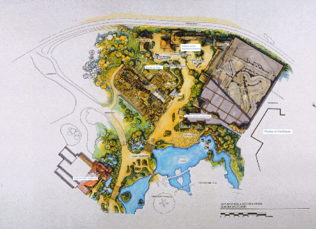 Blick in die Glaskugel: Was die Zukunft für Disneyland Paris verspricht 6 Überblick über Adventureland mit einer Skizze für den Indiana Jones Adventure Ride