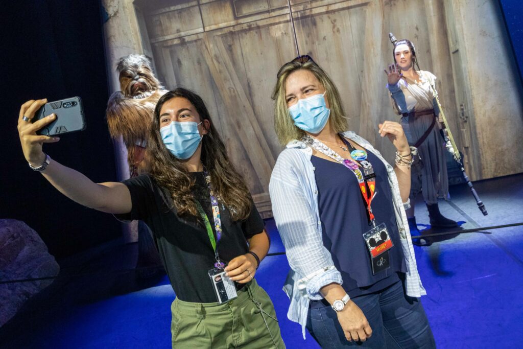 Disneyland Paris Selfie Spot with Star Wars character Chewbacca and Rey