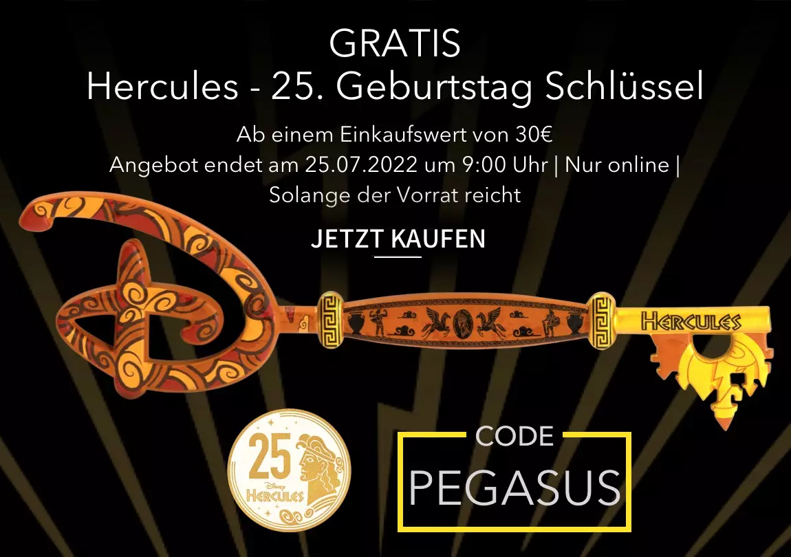 Jubiläums-Merchandise jetzt bei shopDisney: 30 Jahre Disneyland Paris, 25 Hercules, 50 Jahre Main Street Electrical Parade und 50 Jahre Walt Disney World 7 Gratis Hercules Schlüssel beim Disney Store sichern