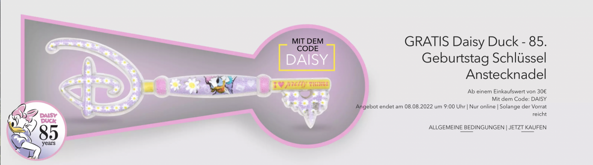 Gratis Daisy Duck Sammelschlüssel-Pin beim Disney Store