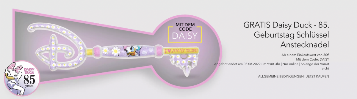 shopDisney Update August 2022: 50% Rabatt Outlet-Sale, neues Parks Merchandise, Pin releases und mehr 8 Gratis Daisy Duck Sammelschlüssel-Pin beim Disney Store