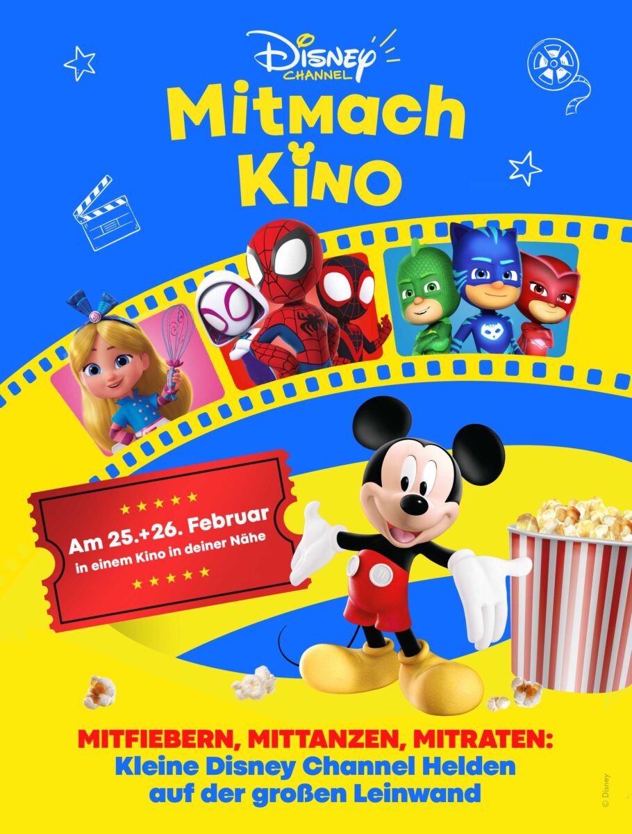 Gewinnspiel: Das Disney Channel Mitmach-Kino kehrt zurück! Vorschul-Spaß mit Micky, Spidey und Co. am 25. + 26. Februar in 500 Kinos 3 Das Disney Channel Mitmach-Kino mit Micky Maus, Alice in der Wunderland-Bäckerei, Spidey und seinen Super-Freunden, PJ Masks - Pyjamahelden und Bluey - am 25. & 26. Februar 2023 im Kino in deiner Nähe