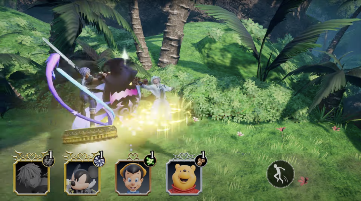 KINGDOM HEARTS Missing-Link fight screenshot featuring Disney characters