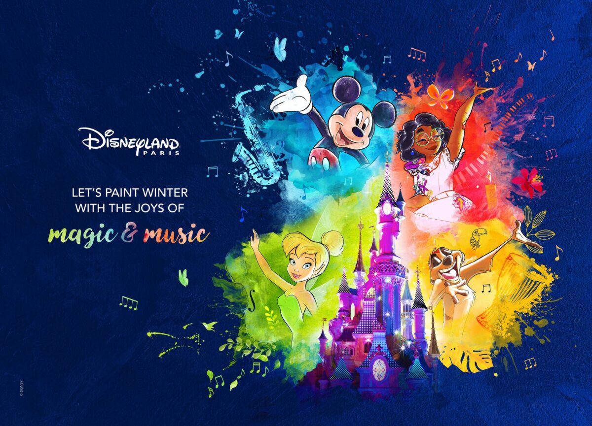 Magic & Music Saison in Disneyland Paris ab 8. Januar 2024 mit Micky Maus, Naseweis aus Peter Pan, Mirabel aus Encanto und Timon aus Der König der Löwen