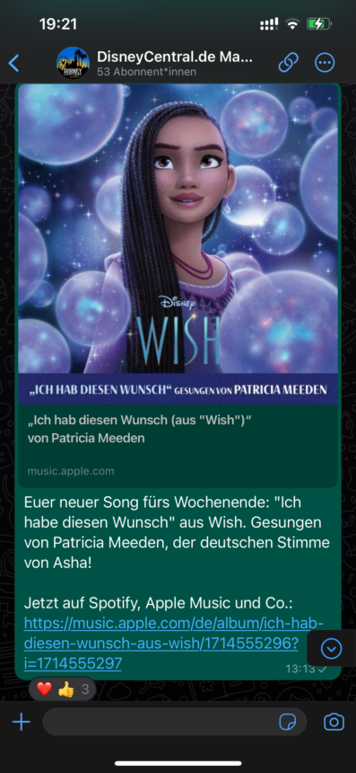 WhatsApp Kanal: Disney News direkt als Nachricht auf dein Smartphone! 3 WhatsApp Kanal: Disney News zu Wish mit "Ich habe diesen Wunsch" von Patricia Meeden aus "Wish"