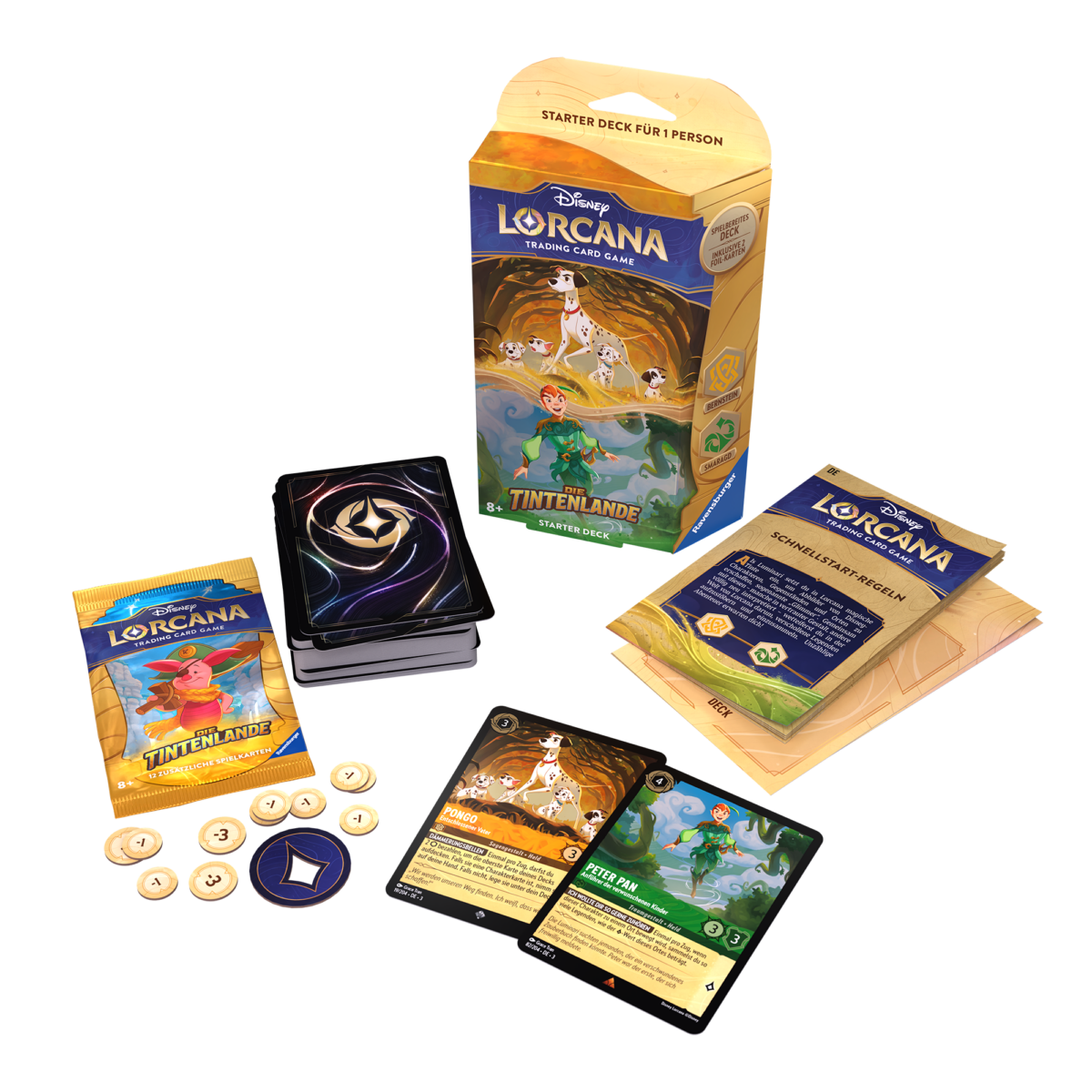 Disney Lorcana: Die Tintenlande Starter Deck Bernstein & Smaragd mit 101 Dalmatinern und Peter Pan