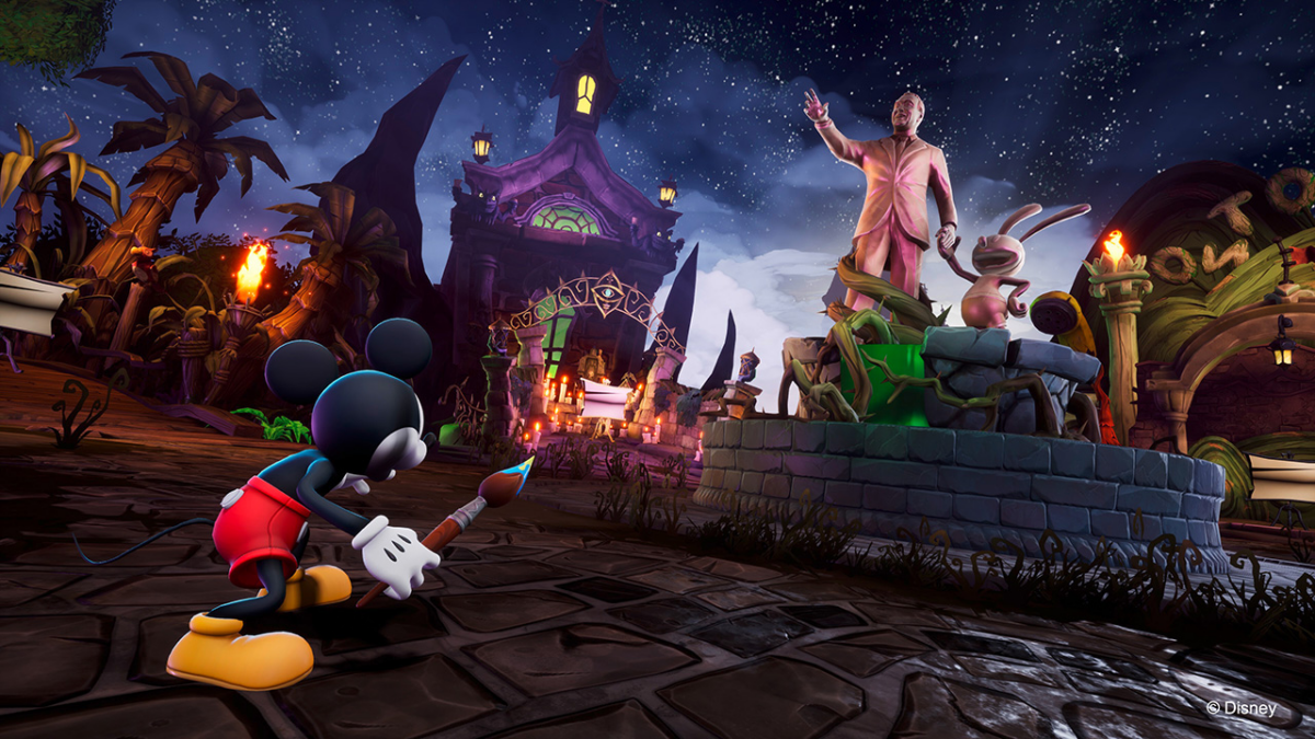 Beliebte Videospiel-Klassiker remastered angekündigt: Epic Mickey: Rebrushed & Star Wars: Battlefront Classic Collection 3 Micky Maus vor der Walt Disney und Oswald der glückliche Hase Partners Statue in Wasteland