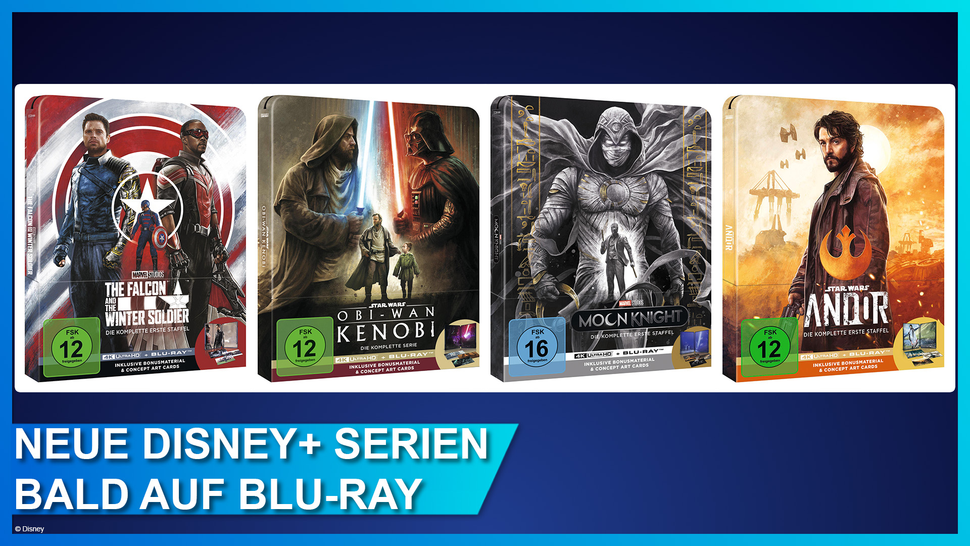 Neue Marvel und Star Wars Serien im 4K UHD Blu-ray Steelbook: Obi-Wan Kenobi, Andor, Moon Knight und The Falcon and the Winter Soldier