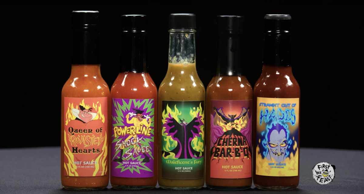 Donald Duck Hot Ones Disney Villains Sauces: Queen of Roasted Harts, Powerline Shock Sauce, Maleficent's Fury, Cherna Bar-B-Q & Straight out of Hades