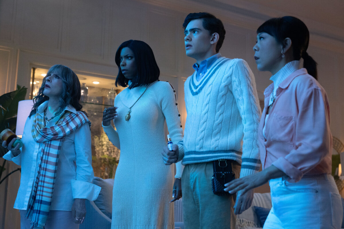 (L-R): Lilia Calderu (Patti LuPone), Jennifer Kale (Sasheer Zamata), Teen ( Joe Locke), and Alice Wu-Gulliver (Ali Ahn) in Marvel Television's AGATHA ALL ALONG, exclusively on Disney+. Photo by Chuck Zlotnick. © 2024 MARVEL.