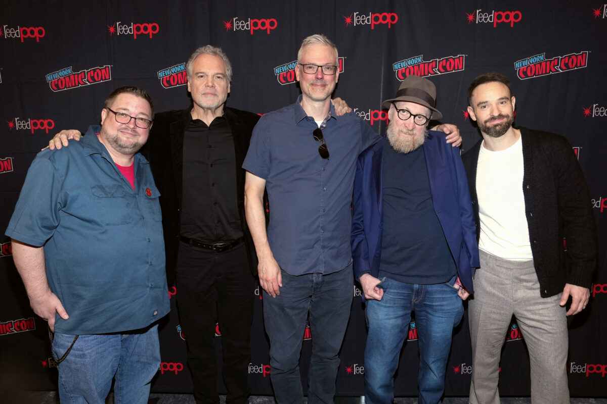 C.B. Cebulski, Vincent D'Onofrio, Steve McNiven, Frank Miller and Charlie Cox attend the Marvel Fanfare with C.B. Cebulski at New York Comic Con at Javits Center on October 19, 2024 in New York City