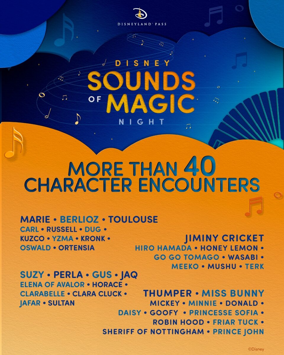 Die 40 Disney Charaktere zum Treffen auf der Disney Sounds of Magic Night in Disneyland Paris