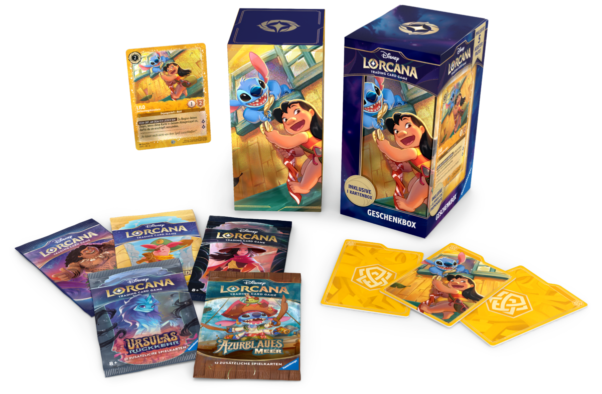 Disney Lorcana Geschenkbox: Enthält fünf Booster Packs aus den Sets 2 bis 6 sowie eine exklusive Foil-Promokarte von Lilo (Entfesslungskünstlerin).