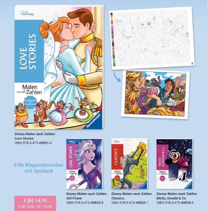 Die Disney Malen nach Zahlen Malbücher von Ravensburger erscheinen in 4 Varianten: Love Stories, Girl Power, Classics und Micky, Donald & Co.