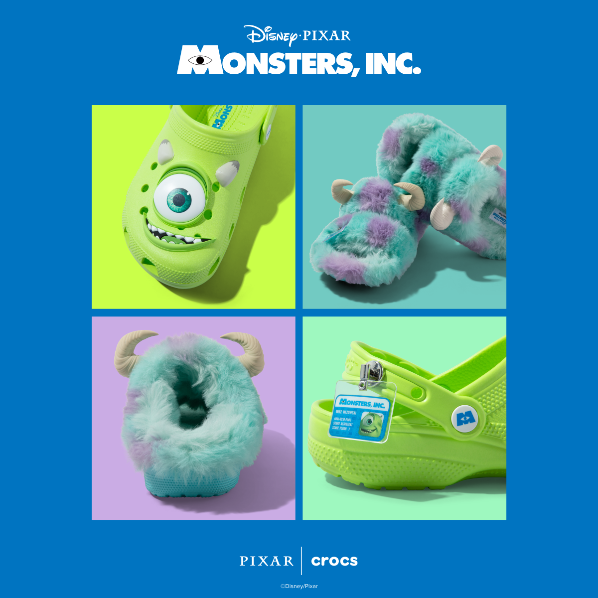 Detailansicht der Monster AG Crocs Schuhe mit Mikes Auge und Lächeln und Sulleys blauem Fell, Hörnern und Mitarbeiterausweis