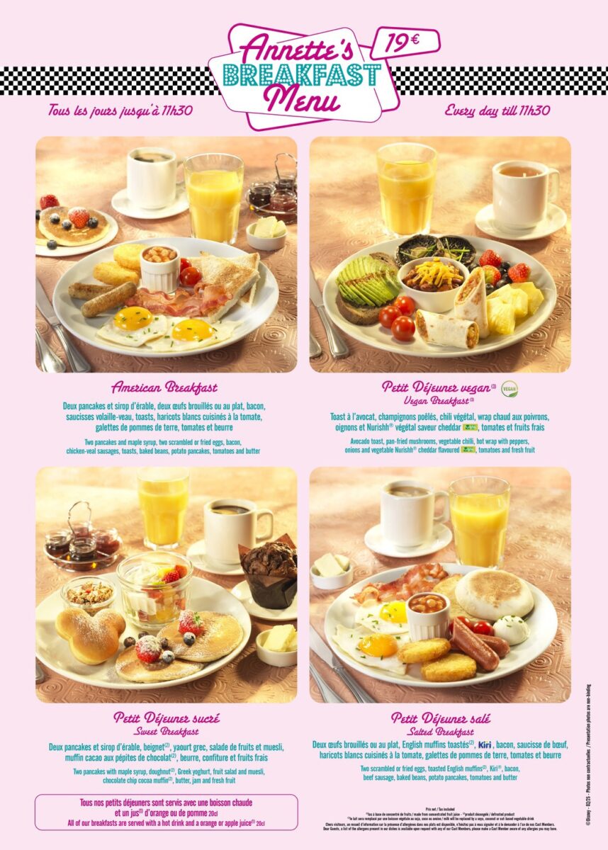 Neue Frühstücksmenüs in Annette's Diner in Disneyland Paris - Auswahl aus American Breakfast, Süßem Frühstück, Veganem Frühstück und Herzhaftem Frühstück