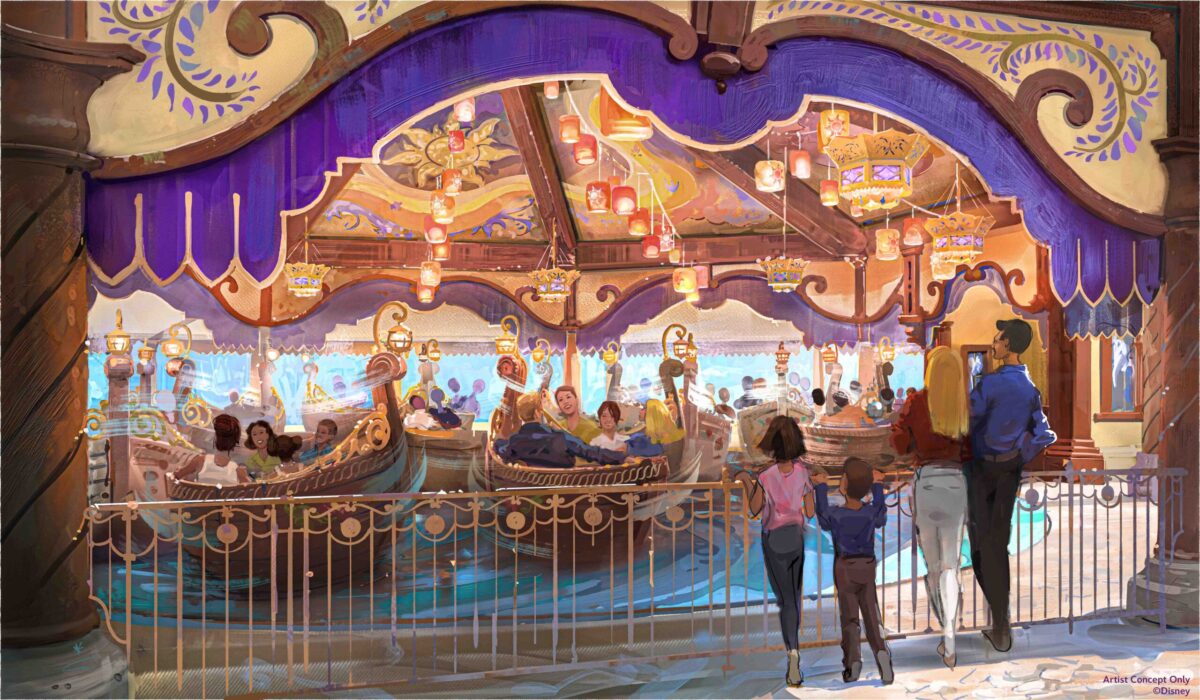 Raiponce Tangled Spin, ein drehendes Familienfahrgeschäft im Stil eines Laternen‑Festes, das den magischen Moment aus Rapunzel – Neu verföhnt feiert.