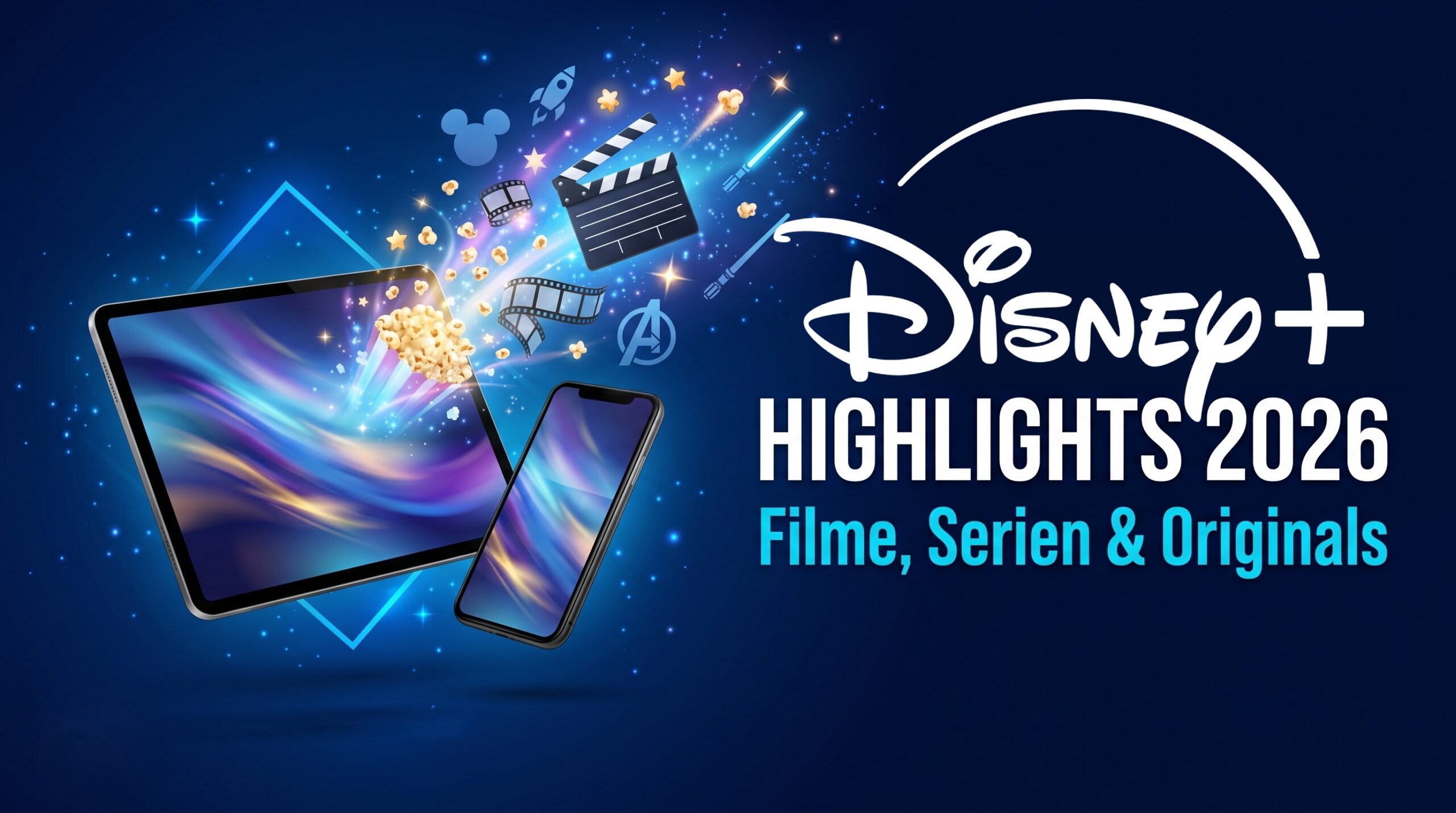 Ein schwebendes Tablet und Smartphone auf dunkelblauem Hintergrund, aus denen magisch leuchtendes Popcorn, Filmstreifen und eine Filmklappe heraussprudeln. Rechts daneben steht in großen, weißen und cyanfarbenen Buchstaben „DISNEY+ HIGHLIGHTS 2026 - Filme, Serien & Originals“.
