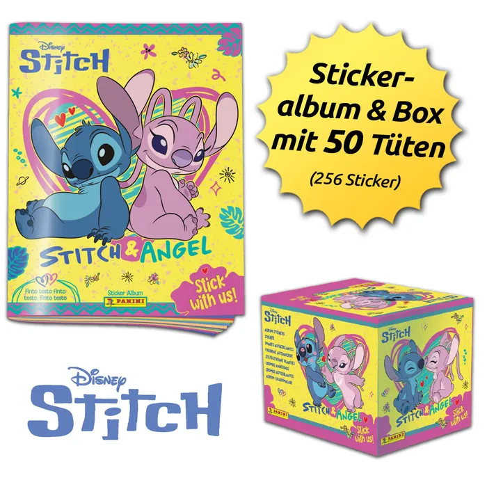 Ein aufgeschlagenes Stitch Sammelalbum mit perfekt eingeklebten Bildern.