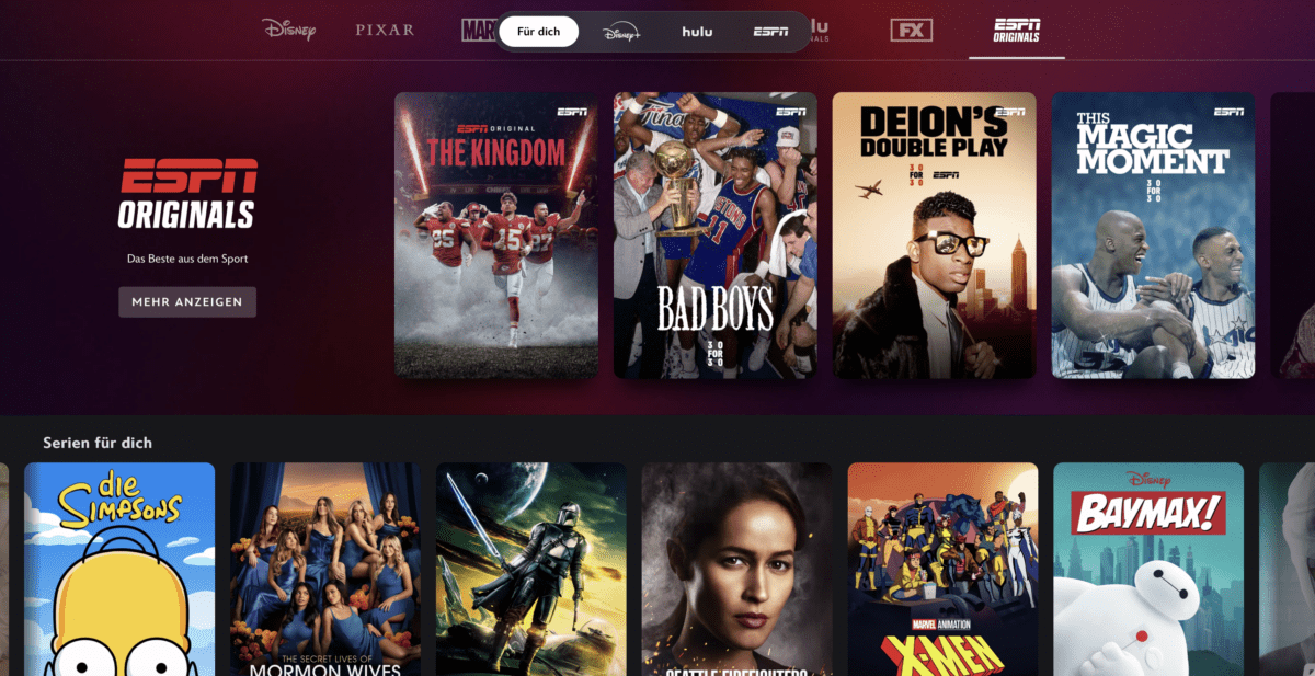 Ein Blick in den neuen Sport-Bereich der App mit laufenden Live-Spielen und ESPN auf Disney+