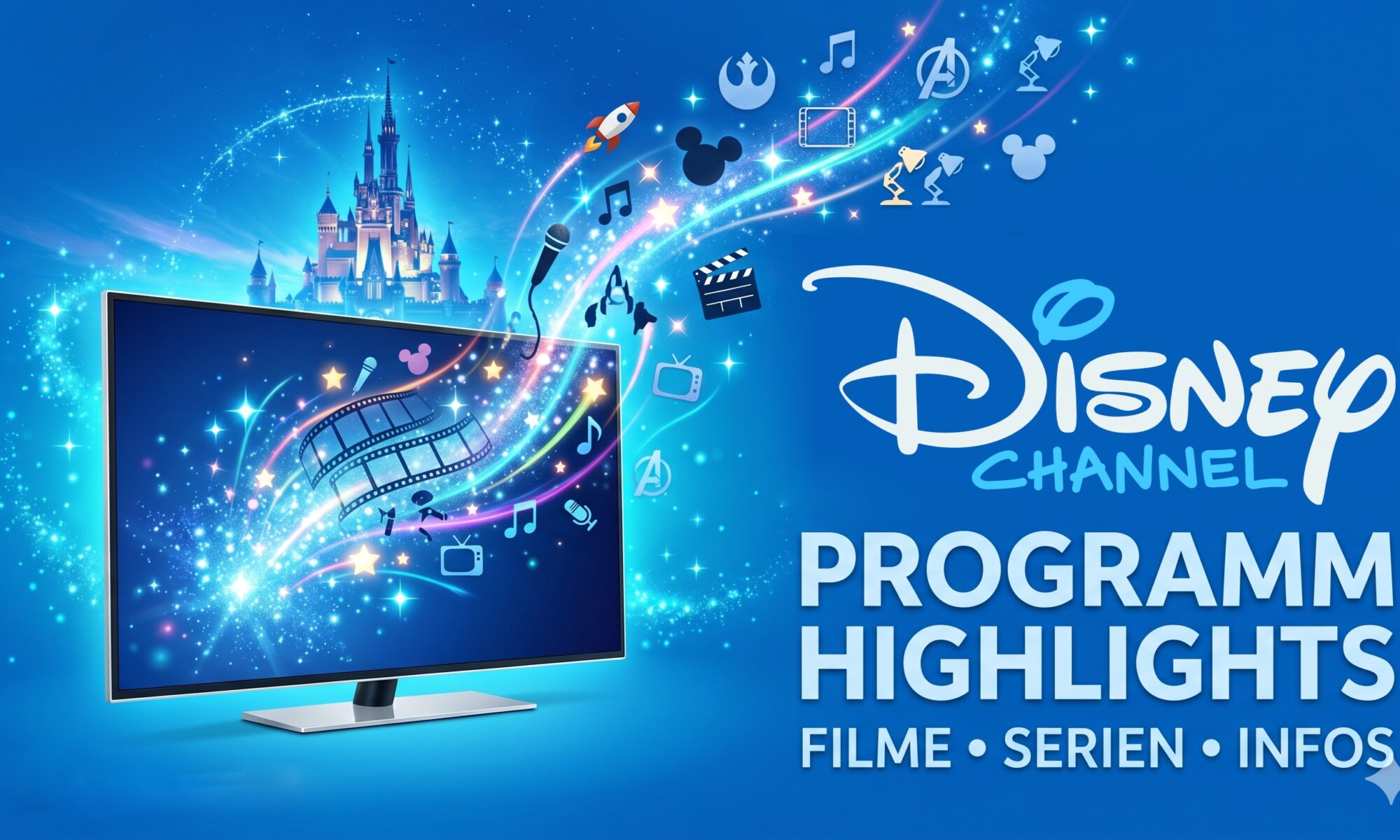 Ein moderner Flachbildfernseher auf leuchtend blauem Hintergrund, aus dem eine magische Spirale mit Sternen, Filmstreifen und Musiknoten aufsteigt. Rechts daneben steht in großen Buchstaben: „Disney Channel Programm Highlights – Filme, Serien, Infos“.