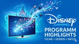Ein moderner Flachbildfernseher auf leuchtend blauem Hintergrund, aus dem eine magische Spirale mit Sternen, Filmstreifen und Musiknoten aufsteigt. Rechts daneben steht in großen Buchstaben: „Disney Channel Programm Highlights – Filme, Serien, Infos“.