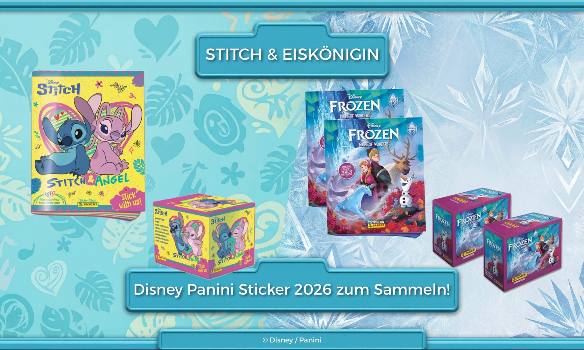 Glänzende Disney Panini Sticker 2026 aus der brandneuen Stitch und Angel Kollektion.
