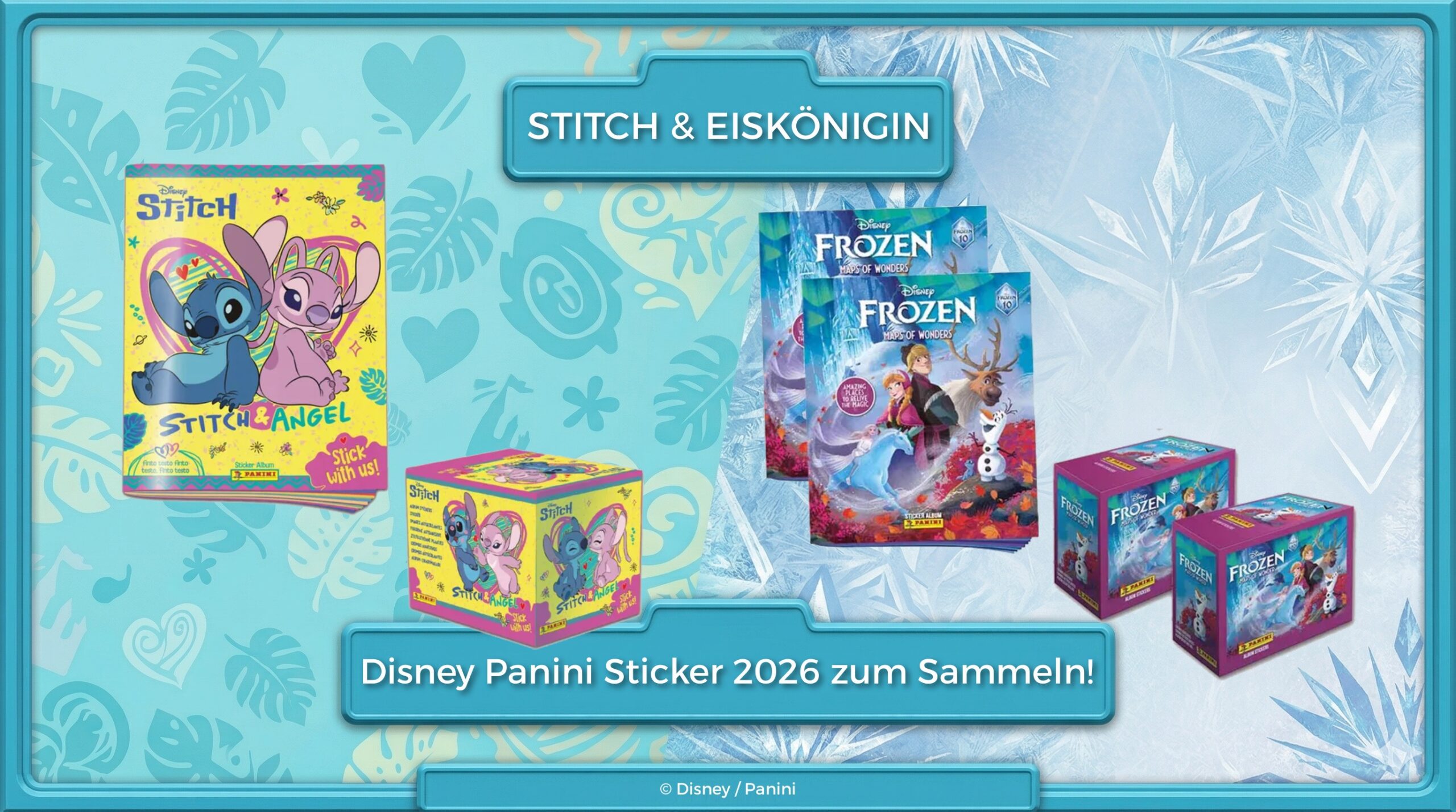Glänzende Disney Panini Sticker 2026 aus der brandneuen Stitch und Angel Kollektion.