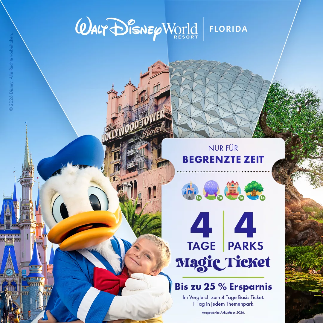 Walt Disney World Tickets günstig - Junge umarmt Donald Duck in den Disney Themenparks in Orlando, Florida