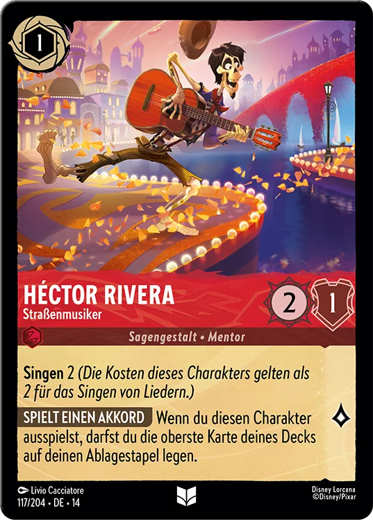 Disney Lorcana „Die Stadt Hyperia”: Coco kommt nach Lorcana – alle Infos zu Set 14 4 Disney Lorcana Set 14: Die Stadt Hyperia Karte: Héctor Rivera - Straßenmusiker (Coco)