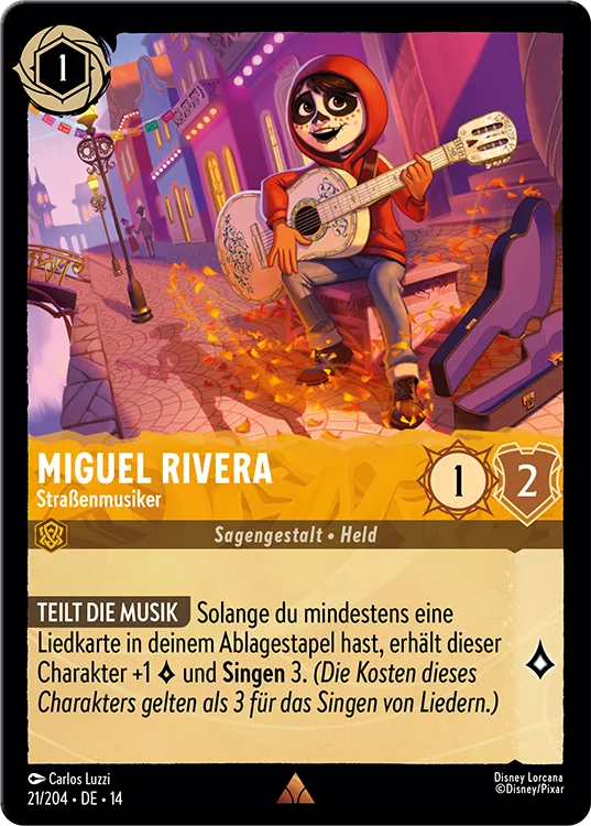 Disney Lorcana „Die Stadt Hyperia”: Coco kommt nach Lorcana – alle Infos zu Set 14 3 Disney Lorcana Set 14: Die Stadt Hyperia Karte: Miguel Rivera - Straßenmusiker (Coco)
